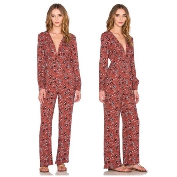 Free People Some Like It Hot Long Sleeve V-Neck Jumpsuit in Rust Combo - Picture 1 of 12